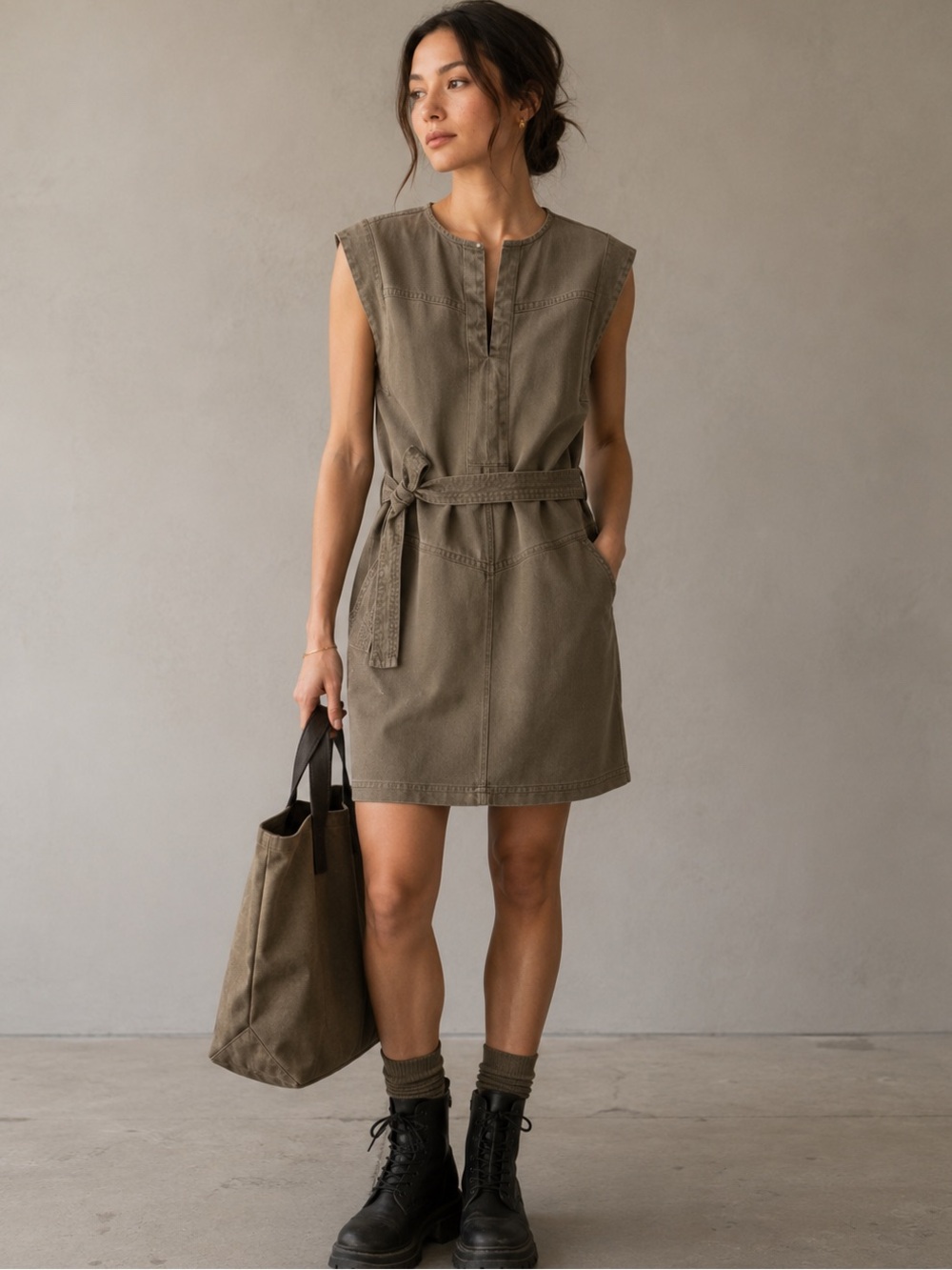 Banana Republic Olive Green Casual Chic Utilitarian Denim Mini Dress Size M NWT